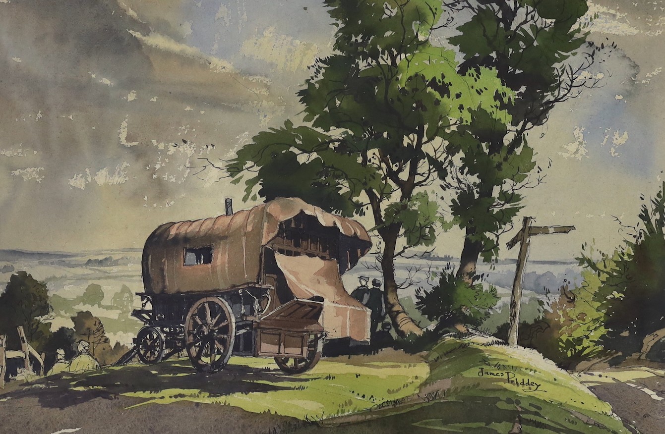 James Priddey, R.B.S.A., P.P.R.B.S.A., F.R.S.A., (1916-1980), ink and watercolour, Gypsy caravan on Bredon Hill, Worcestershire, signed, 33 x 50cm